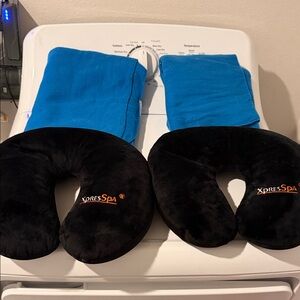 2 XpresSpa Black Travel Neck Pillows + 2 travel blankets